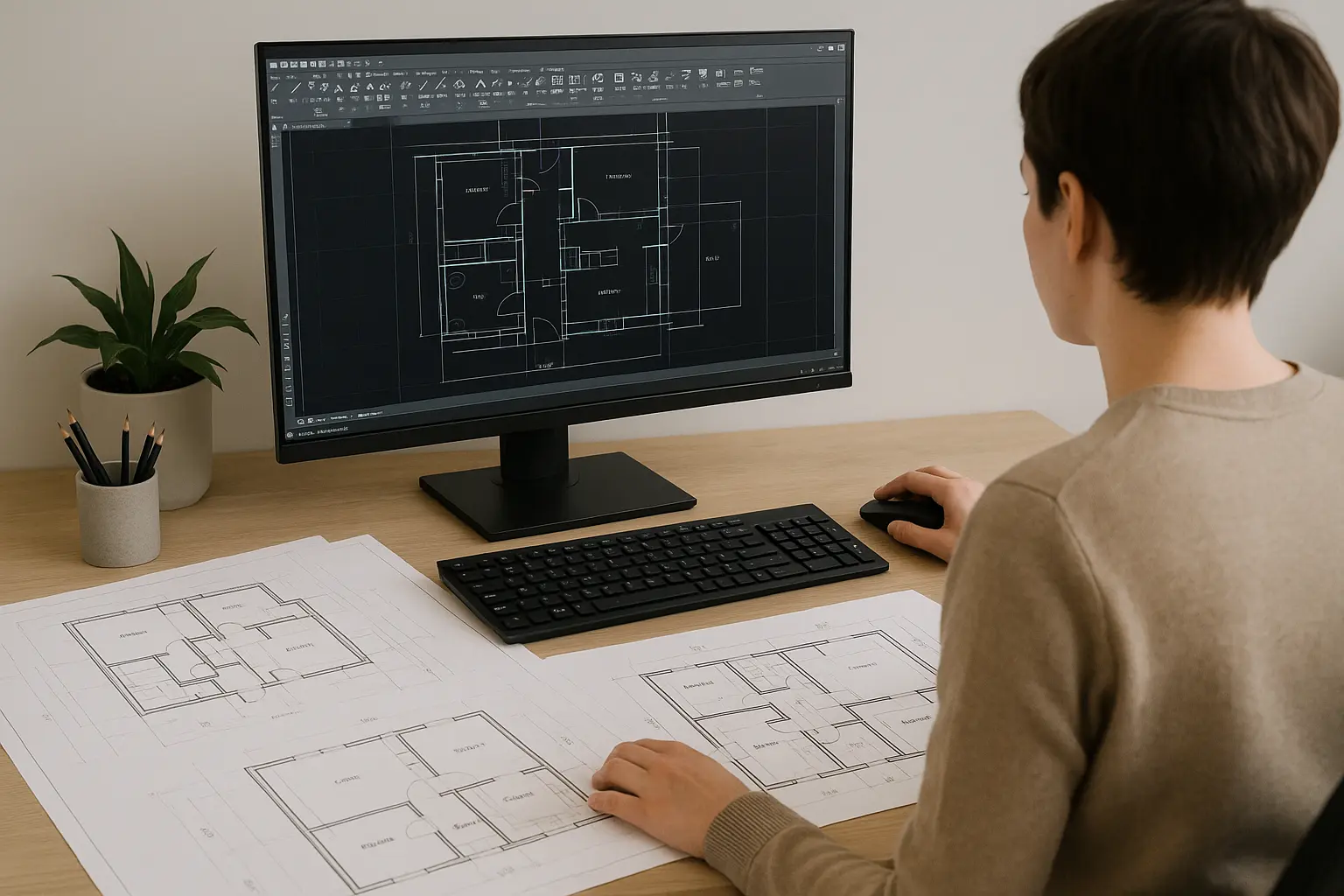 Designer preparing CAD drawings on workstation