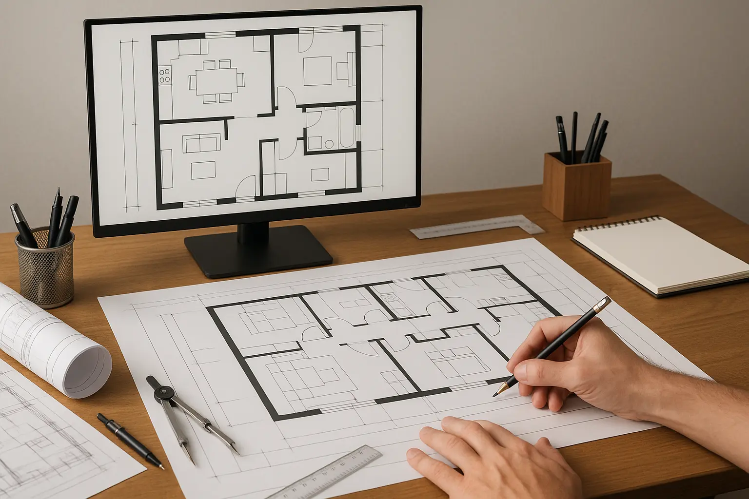 Architectural drafting workspace with plans and monitor displaying floor plan
