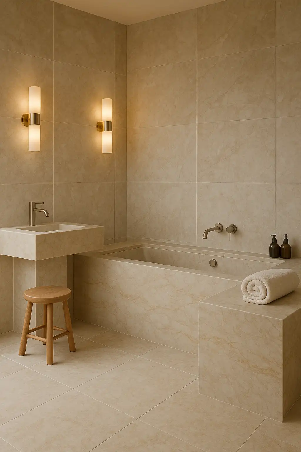 Spa bathroom with natural stone and wall lights