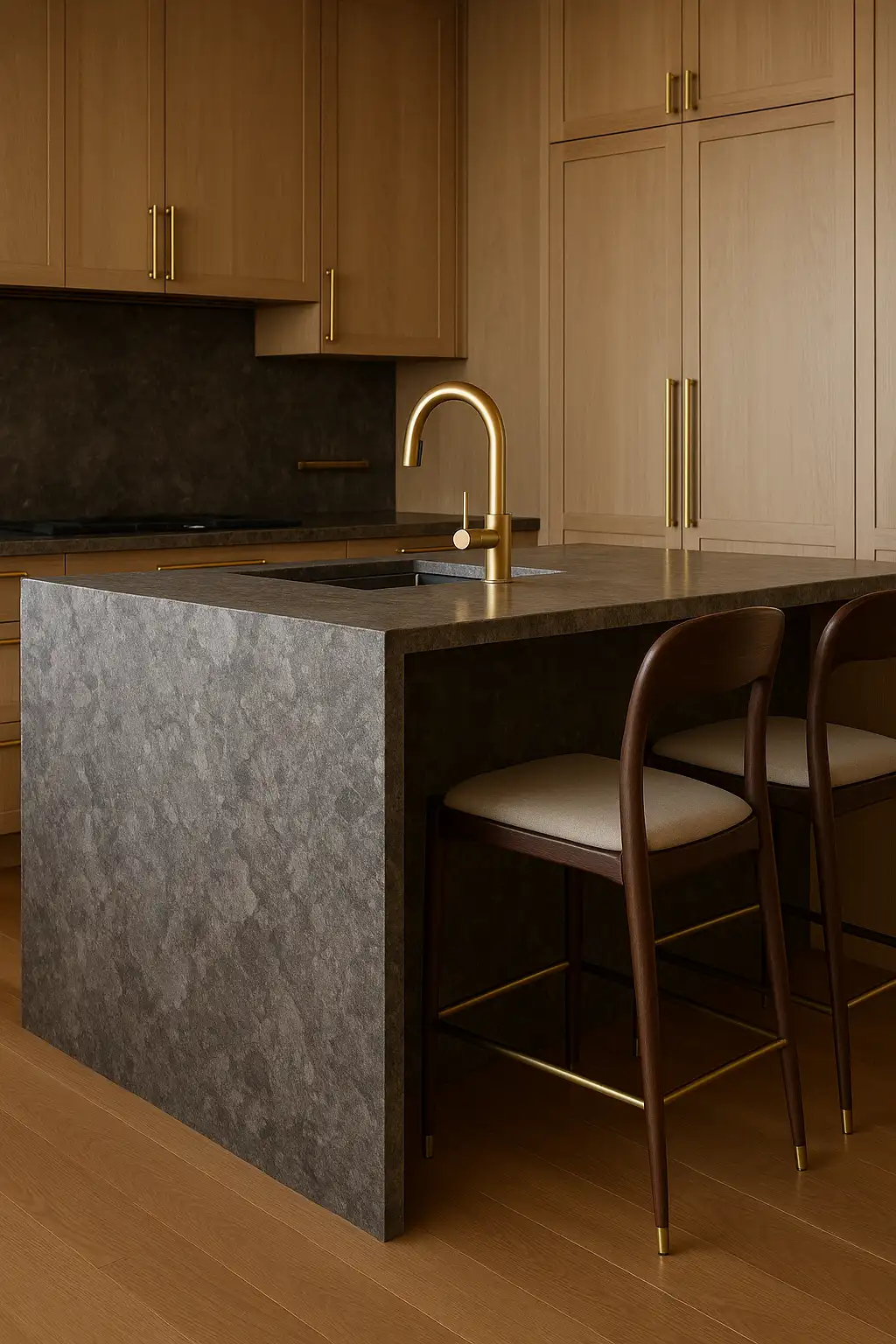 Stone waterfall island and brass accents