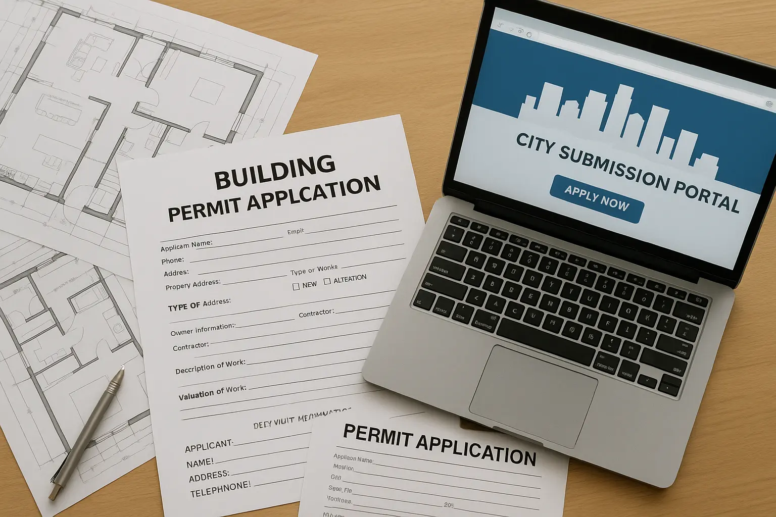 Desk with architectural plans, permit forms, and a laptop open to a city submission portal
