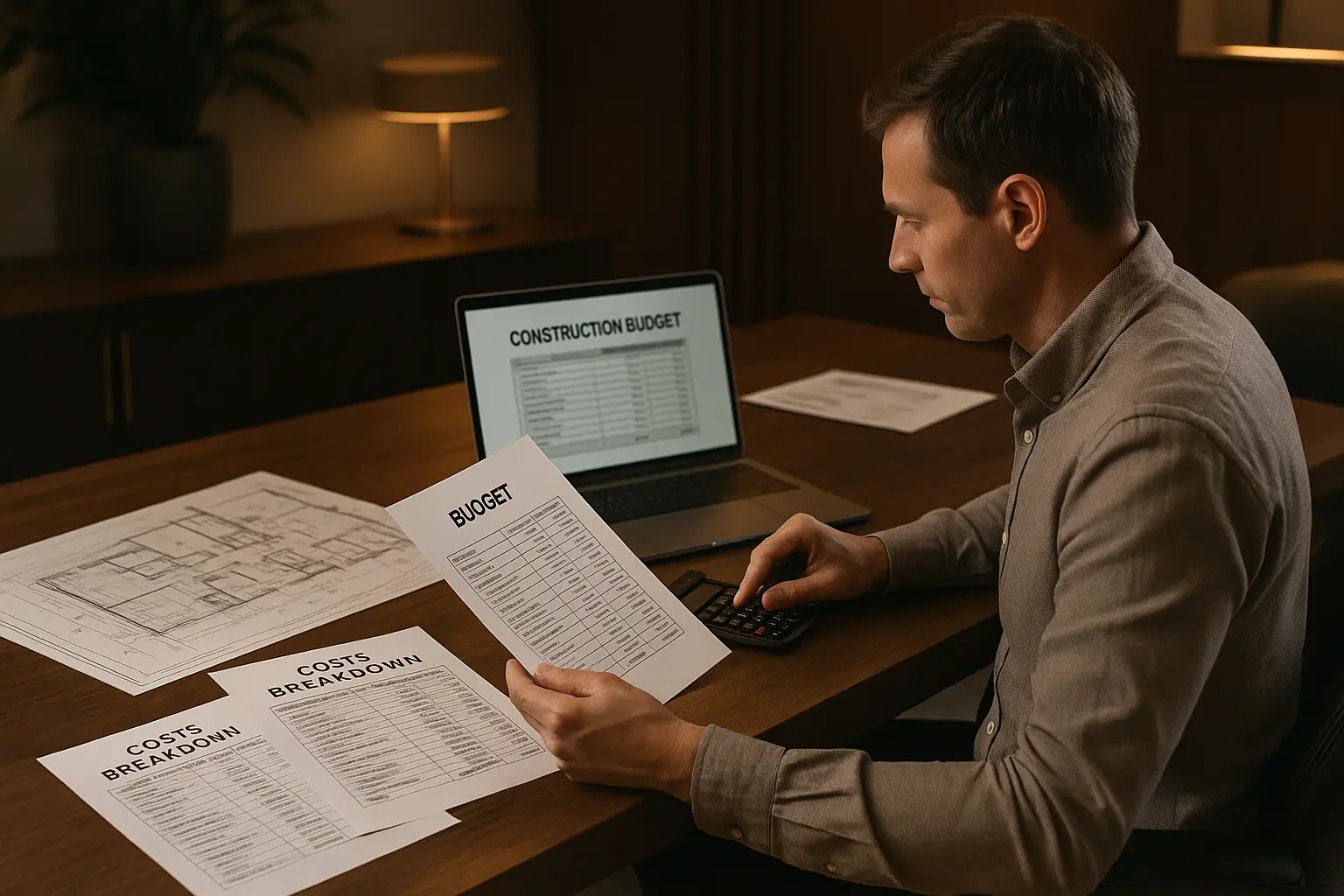 Pre-construction budgeting workspace with drawings, laptop, and cost breakdown sheets