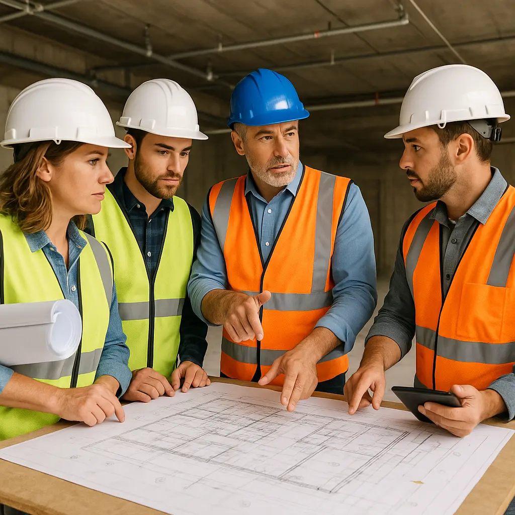 Construction management team reviewing look-ahead schedule and drawings on site in Vancouver