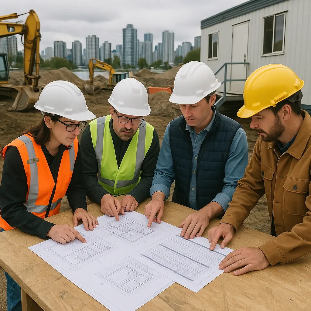 General contracting team reviewing schedule and drawings on site in Vancouver